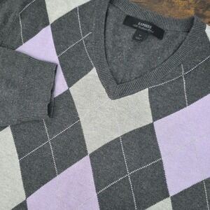 Express Men's Pullover Sweater Gray Lavender Argyle Silk‎ Cashmere Blend Size M